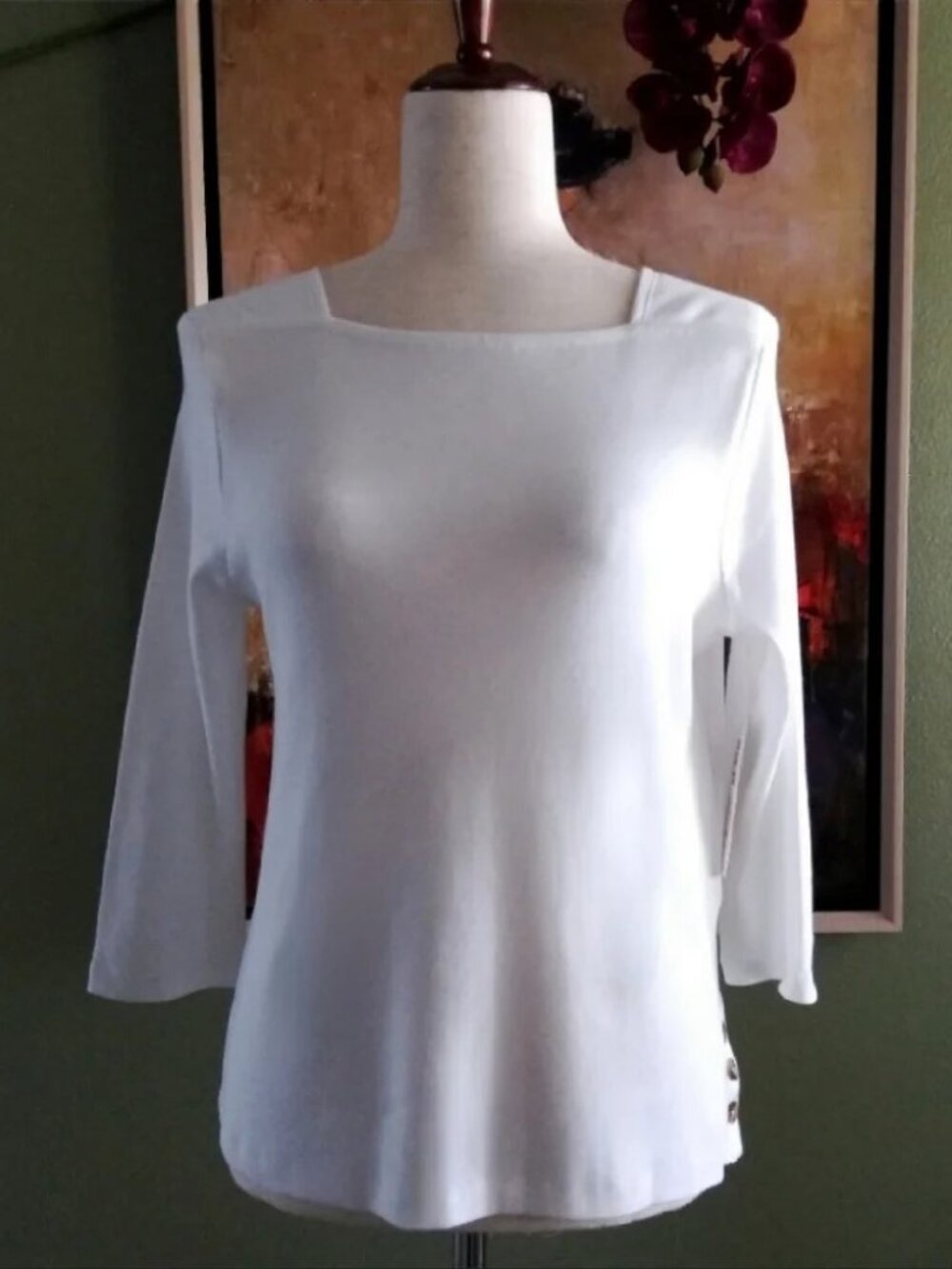 NWT Chicos 2XL 4 Alabaster Pima Cotton Boat Square Neck Ultimate Tee 3/4 Slv XXL